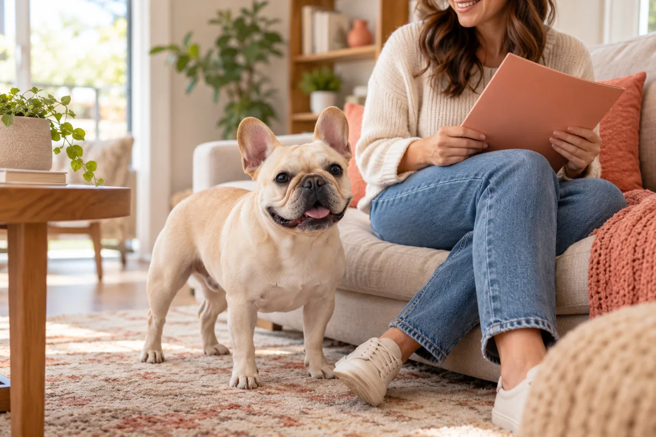 Cream French Bulldog standing beside its owner holding a plain folder in a living room